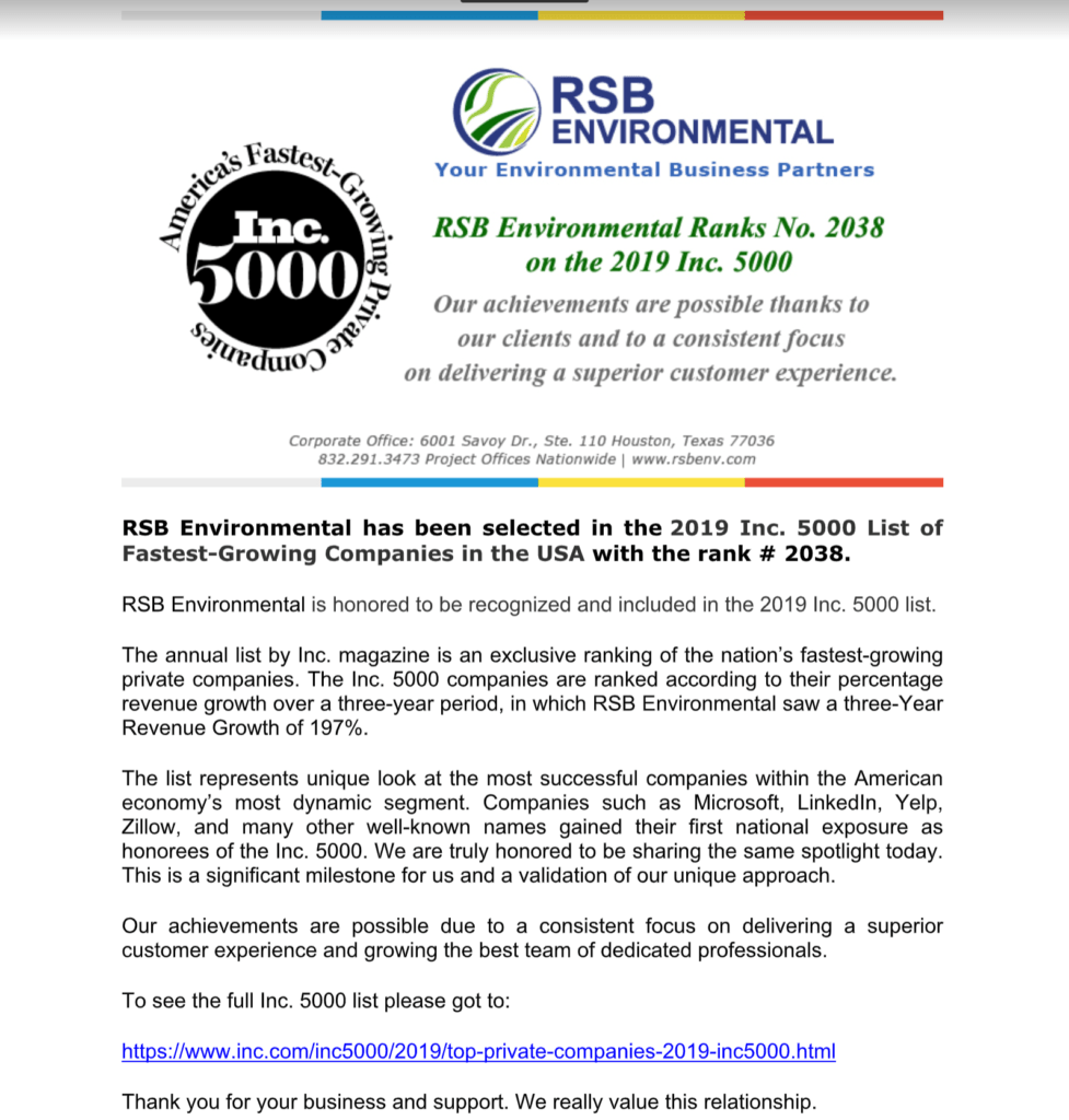 RSB enters Inc. Magazine 5000 list for 2019 2 RSB Business Partners Rank No. 2038 2019 Inc. 5000